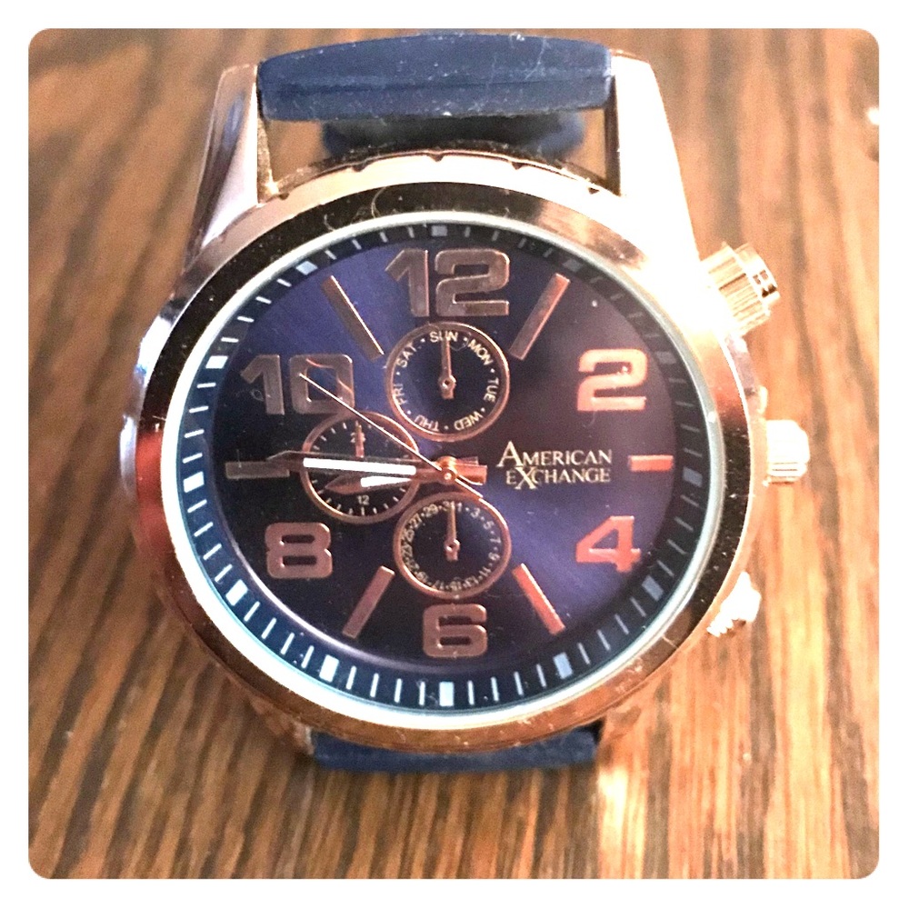 American Exchange Navy blue and rose gold watch